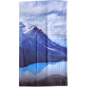 A blue and white Ice Silk Neck Gaiter with a mountain and lake scenic print, featuring a logo.