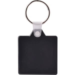 A square hard plastic keyring in black, featuring a metal ring for attachment.