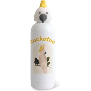 A drink bottle in white featuring a cockatoo design and a yellow animal head lid, with a logo present.