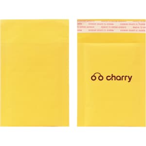A medium padded bubble envelope in yellow, featuring a logo on one side.