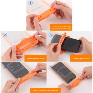 A waterproof phone bag in orange, demonstrating a snap enclosure with steps for securing a phone inside.
