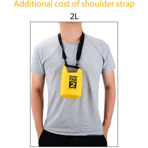 A yellow waterproof dry bag with a shoulder strap, worn by a person, featuring a logo on the front.