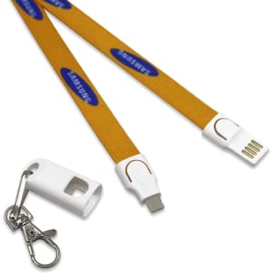 A polyester lanyard in orange with a white charging cable end and a metal clip for attachment, featuring a logo.