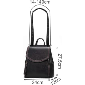 A black convertible leather backpack with adjustable straps and measurements of 27.5cm by 24cm by 12cm.