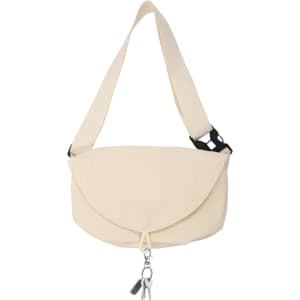 A cream-coloured casual crossbody bag with a flap closure and an adjustable strap, featuring a logo.