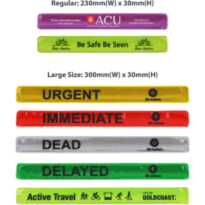 A collection of reflective slap bands in various colours, featuring different messages and a logo.
