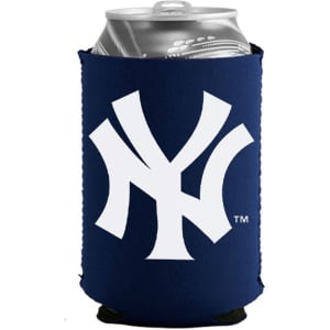 A drink can holder in navy blue featuring a logo, designed for insulation and protection.