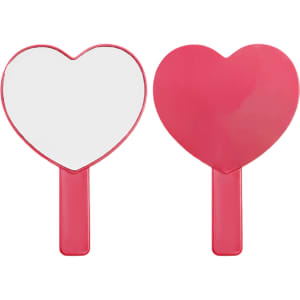 A heart-shaped handheld mirror with a pink handle, featuring a smooth reflective surface.