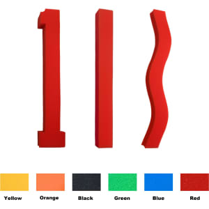 Three red sponge shapes, including a straight line, a stroke, and a wavy piece, with colour swatches below.