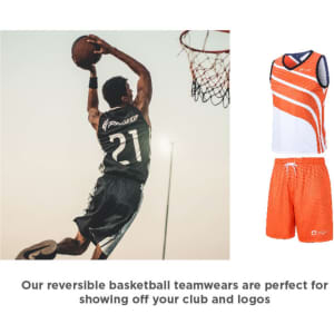 A reversible basketball singlet in black and orange, featuring a logo. It is made of 100% polyester.