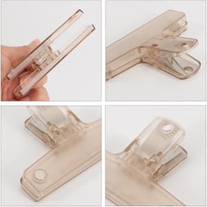 Translucent plastic magnetic clips in a light brown colour, showcasing different angles and a hand holding one clip.