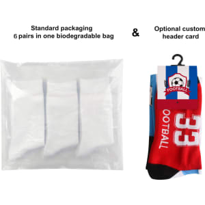 Knee high football socks with a towel bottom in red, blue, and white, featuring a logo and packaged in a biodegradable bag.