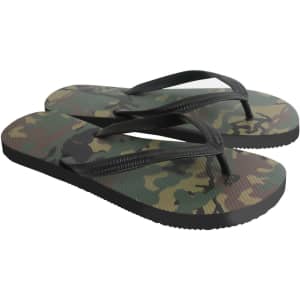 A pair of camouflage-patterned rubber thongs with black straps and soles.