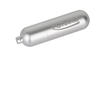 A silver metal tube flash drive with a rounded design and a logo.