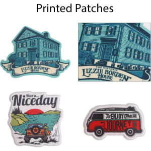 Custom woven patches displayed in various colours featuring a house, a vehicle, and scenic designs.