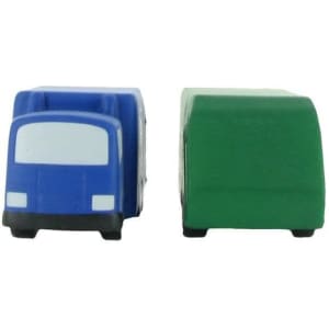 A blue and green garbage truck-shaped stress reliever with a simple design. Features a logo on one side.