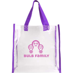 A clear tote bag with purple handles and a logo featuring light bulb graphics.