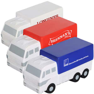 A set of three van-shaped stress relievers in white, red, and blue, each featuring a logo.