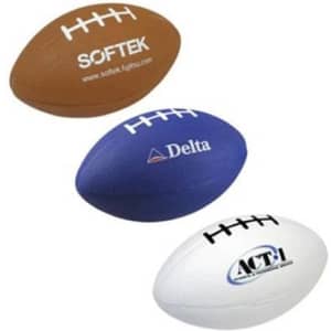 A set of three rugby-shaped stress relievers in brown, blue, and white, each featuring different logos.