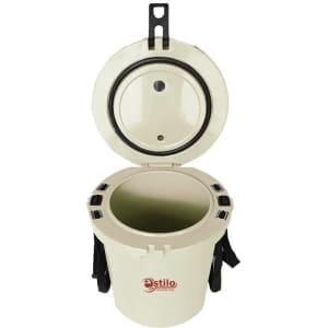A cream-coloured ice bucket with a lid and a handy rope, featuring a logo and an open design.