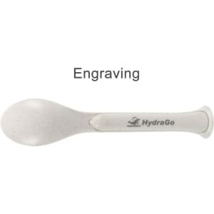 A portable spoon in grey with a textured handle and a logo. Perfect for a 3-in-1 utensils set.