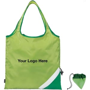 A foldaway shopping bag in green, featuring a logo space and a matching small pouch for storage.