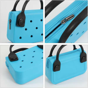 A mini handbag in bright blue with black handles, featuring holes for ventilation and a zip closure.