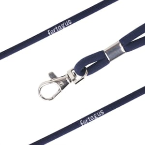 A navy blue poly rope lanyard with a metal clip and branding.
