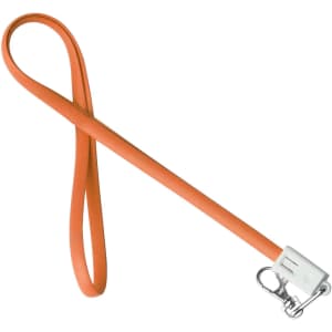 An orange TPE lanyard charging cable with a silver clip and a branding logo on the connector.