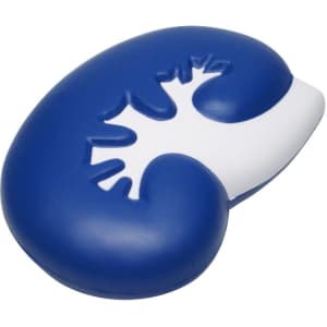 A large kidney-shaped stress reliever in blue and white, featuring a textured surface design.