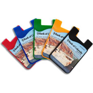 A selection of five phone wallets in red, blue, green, orange, and black, each featuring a logo.