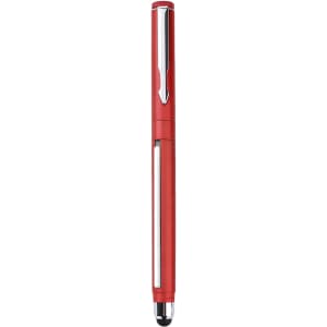 A red pen with a sleek design, featuring a shiny silver clip and tip. It includes a stylus for touchscreens.