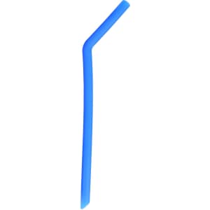 A reusable silicone straw in vibrant blue, featuring a flexible design. The product has a logo on it.
