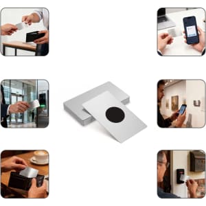 A stainless steel business card with a black circle in the centre, surrounded by various hands and devices interacting with it.