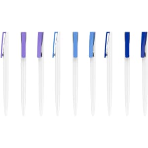 A selection of plastic pens with creamy white barrels and various coloured clips, arranged in a row.