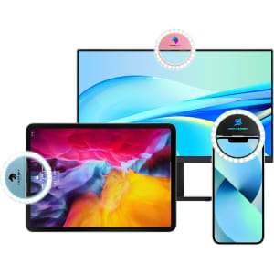 A promotional image featuring a ring selfie light with varying devices including a tablet and a monitor, all surrounded by soft lighting.