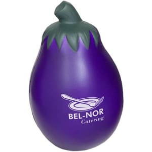 A purple eggplant-shaped stress reliever with a green stem and a logo on it.