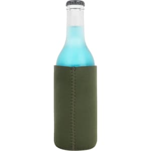 A drink bottle in a green skinny stubby holder, featuring a logo. The bottle contains a light blue beverage.