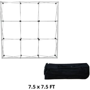 A rectangular popup display frame in silver, 7.5 x 7.5 ft, next to a black carrying bag.