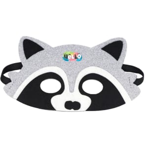 A grey and black raccoon felt mask with cut-out eyes and a logo. Adjustable black straps are attached.