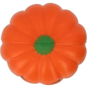An orange pumpkin-shaped stress reliever with a green stem, featuring a smiling face design.