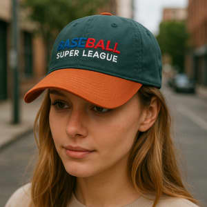 A fashion cap in dark green and orange with a logo on the front, set in an outdoor urban environment.