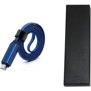 A blue 60W long charging cable with a textured design, coiled and presented alongside a sleek black box.