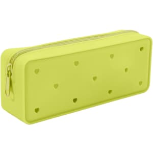 A silicone pencil case in bright lime green with heart-shaped holes and a zipper closure.