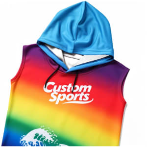 A sleeveless hoodie featuring a blue hood and a vibrant rainbow gradient design, with a logo on the front.