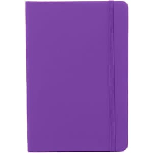 A purple PU A6 notebook with a flexible cover and an elastic band closure. Features a logo on the front.