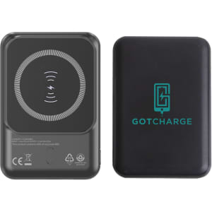 A black 5000mAh eco magnetic power bank with a wireless charging pad and a logo on one side.