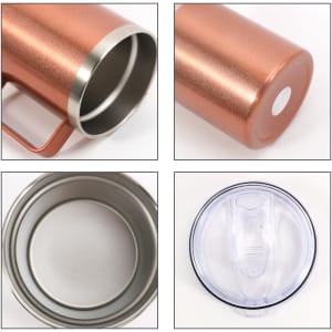 A stainless steel cup with a handle in a copper finish, featuring a transparent lid and a smooth interior.