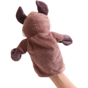 A brown wolf hand puppet with floppy ears and paws, featuring a soft plush texture. It has a simple design and a logo.