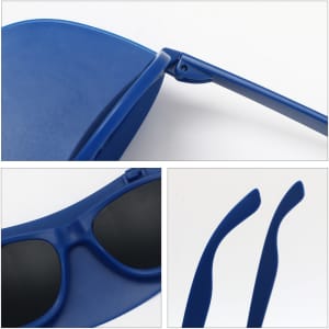 A pair of blue flip-up visor sunglasses featuring sleek frames and dark lenses, with a logo on the side.